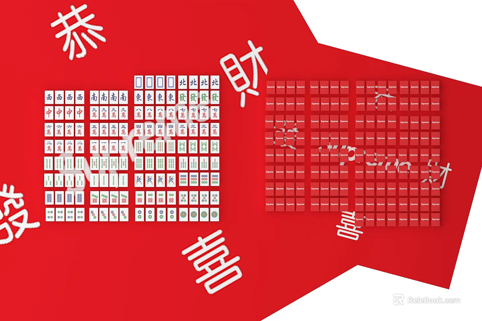Festive Mahjong Board Game Arrangement on Red Background with Chinese Lucky Characters 3d model 