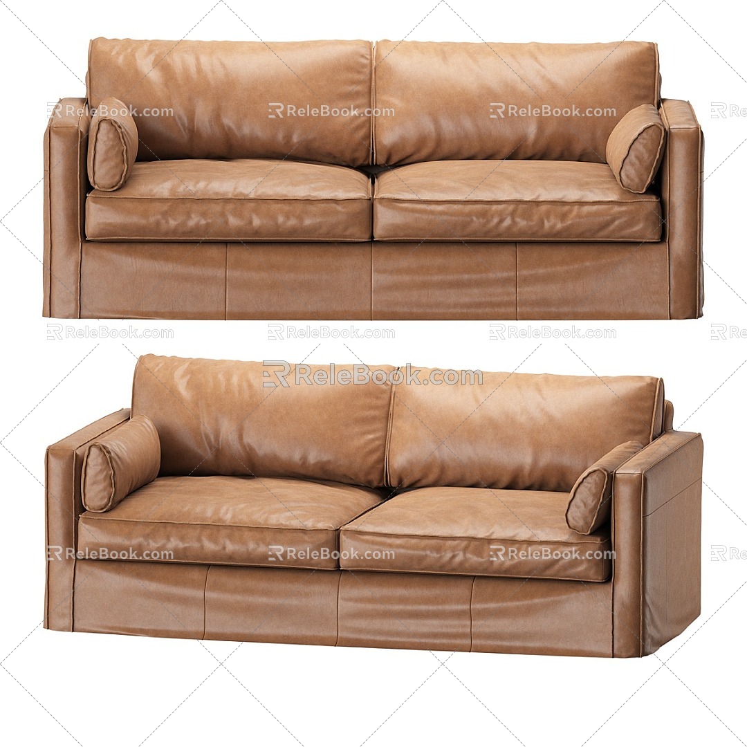 Nordic Simple Brown Leather Double Sofa Brown Sofa Living Room Brown Double Sofa Pillow Cushion Sofa 3d model