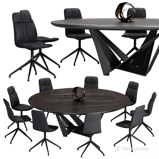 Modern Dining Table and Chair Set with Wooden Top and Black Seats for Home Interior 3d model 