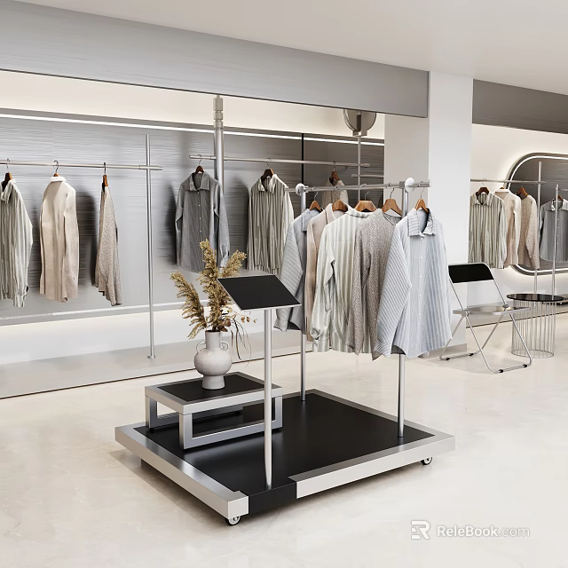 Modern Clothing Store Interior With Hanging Clothes Racks Display Stand And Potted Plants 3d model 