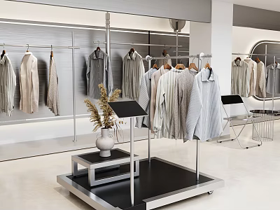 Modern Clothing Store Interior With Hanging Clothes Racks Display Stand And Potted Plants 3d model