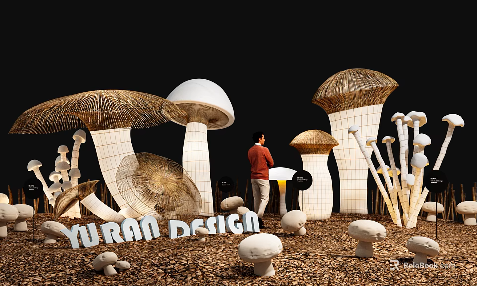 Yuran Design Mushroom Themed Floral Art Installation With Straw Hat And Tile Structures 3d model 