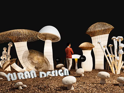 Yuran Design Mushroom Themed Floral Art Installation With Straw Hat And Tile Structures 3d model