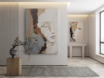 Modern Interior With Abstract Portrait Paintings Vase Gray Rug And Bright Window 3d model
