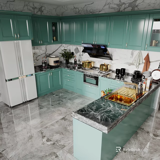 Teal Kitchen Interior Design With Cabinets White Refrigerator Marble Countertops And Island 3d model 