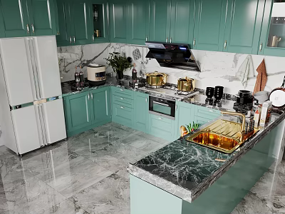 Teal Kitchen Interior Design With Cabinets White Refrigerator Marble Countertops And Island 3d model