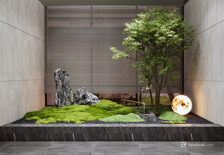 Modern Indoor Landscape With Mossy Ground Rocks Tree Round Lamp And Slatted Wall Design 3d model 
