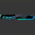 Modern Tactical Knife With Black Handle Circular Holes And Blue Green Glow Metal Blade Design
