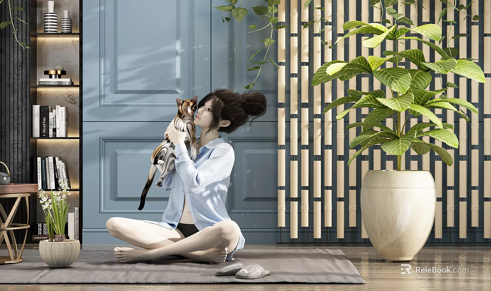 Relaxed Woman Holding Cat Sitting On Carpet With Blue Wall Bookshelf Greenery And Wooden Screen 3d model 
