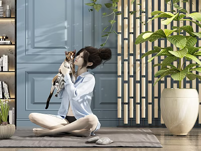 Relaxed Woman Holding Cat Sitting On Carpet With Blue Wall Bookshelf Greenery And Wooden Screen 3d model