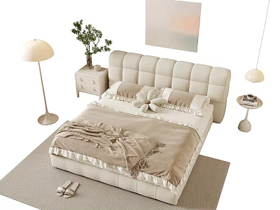 Modern Elegant Double Bed Interior With Beige Leather Headboard Quilt Pillows Nightstand Table Lamp Rug 3d model
