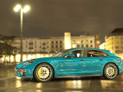 Turquoise Sports Car On Night City Street With Headlights Shiny Wet Road And Modern Buildings 3d model