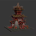 Cartoon Scenery Chinese Traditional Pavilion With Multi Tiered Structure Red Gold Decor And Curved Eaves