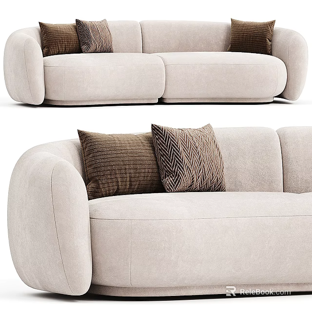 Light Beige Two Seater Sofa With Brown Textured Pillows And Herringbone Patterns 3d model