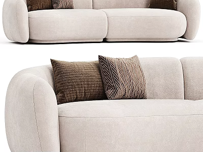 Light Beige Two Seater Sofa With Brown Textured Pillows And Herringbone Patterns 3d model
