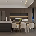 Modern Dining Area Interior With Dark Cabinets Island Counter Dining Table Chairs And Green Plant