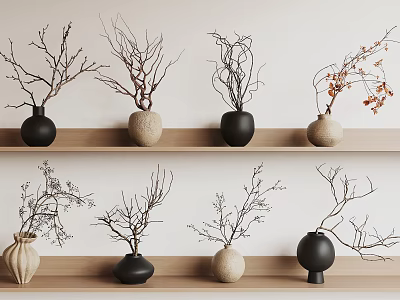 Black And Beige Decorative Vases With Dried Branches On Wooden Shelves 3d model