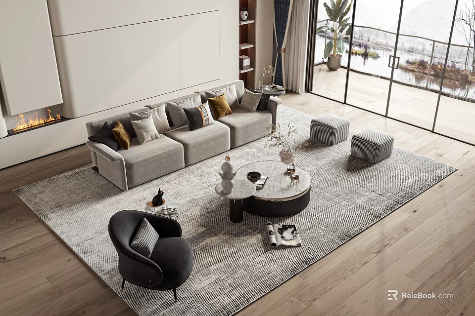 Modern Living Room Interior With Gray Sofa Accent Pillows Round Marble Coffee Table And Armchair 3d model 