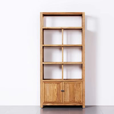 Natural Wood Decorative Cabinet Featuring Open Shelves and Lower Cabinet Doors 3d model
