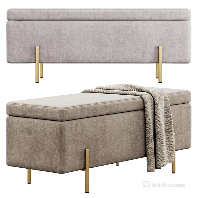Light Gray Velvet Ottoman Bench With Golden Metal Legs And Soft Throw Blanket 3d model 