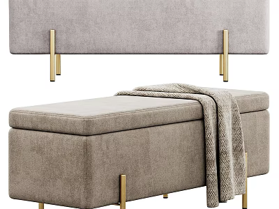 Light Gray Velvet Ottoman Bench With Golden Metal Legs And Soft Throw Blanket 3d model