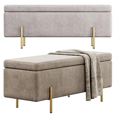 Light Gray Velvet Ottoman Bench With Golden Metal Legs And Soft Throw Blanket 3d model