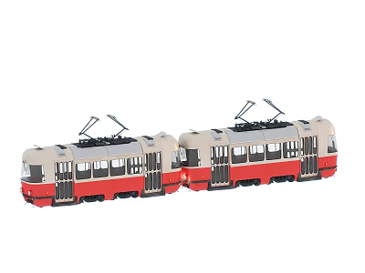 Two Beige And Red Tram Models With Pantographs On White Background 3d model