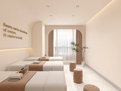 Serene SPA Room Interior With Massage Beds Wall Art Potted Plants And Soft Lighting 3d model