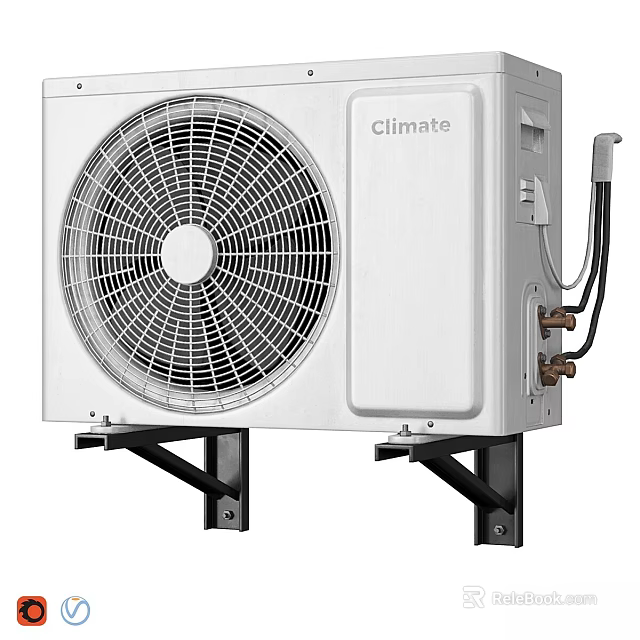 Climate Brand Air Conditioner Outdoor Unit With Fan Copper Pipes And Bracket Mounted 3d model 