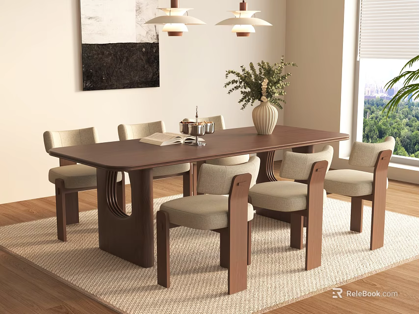 Walnut Solid Wood Dining Table Set With Soft Upholstered Chairs For Cozy Home Dining Room 3d model 