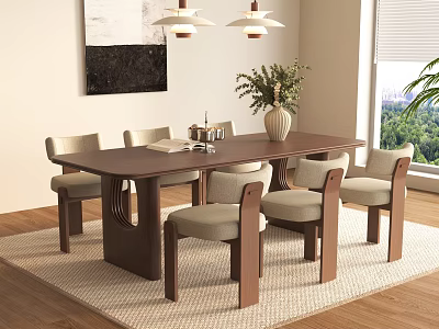Walnut Solid Wood Dining Table Set With Soft Upholstered Chairs For Cozy Home Dining Room 3d model