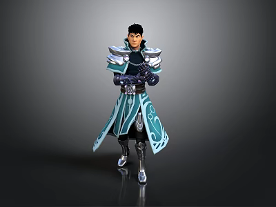 Fantasy Character In Blue And White Robe With Armored Shoulders And Crossed Arms 3d model