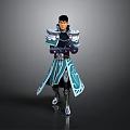 Fantasy Character In Blue And White Robe With Armored Shoulders And Crossed Arms