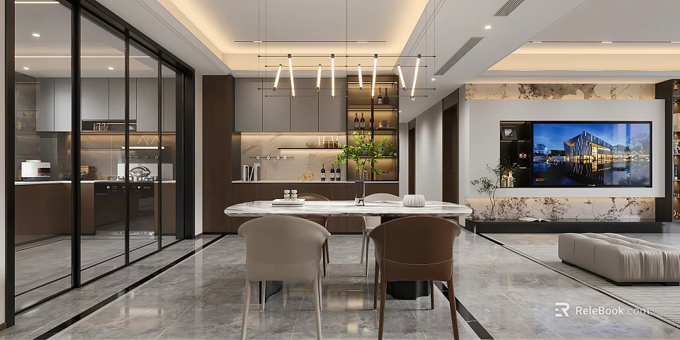Modern Living and Dining Room Interior With Open Concept Hanging Lights Marble Table And Chairs 3d model 