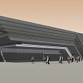 Contemporary Building Exterior With Glass Curtain Wall And Pedestrians Walking Around
