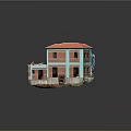 Miniature Two Story House Featuring Turquoise Red Brick Exterior Roof Tiles And Small Red Car