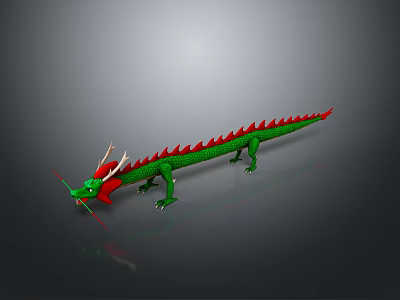 Detailed 3D Green Dragon Model With Red Dorsal Fins White Horns On Gray Background 3d model