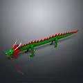 Detailed 3D Green Dragon Model With Red Dorsal Fins White Horns On Gray Background