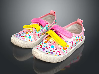 Kids Casual Canvas Shoes With Pink Upper Yellow Straps And Colorful Polka Dots 3d model