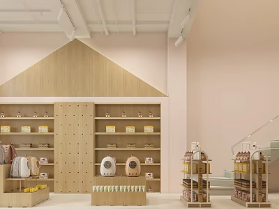 Cozy Mall Store Interior With Light Pink Walls Wooden Shelves And Product Displays 3d model