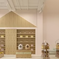 Cozy Mall Store Interior With Light Pink Walls Wooden Shelves And Product Displays