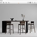 Modern Wooden Bar Counter With Three Bar Stools And Decorative Vase
