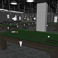 Billiard Room Interior Design With Multiple Green Felt Tables And Hanging Lights