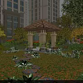 Beautiful Garden Landscape With Wooden Gazebo Stone Path And Colorful Flowers Near Tall Buildings