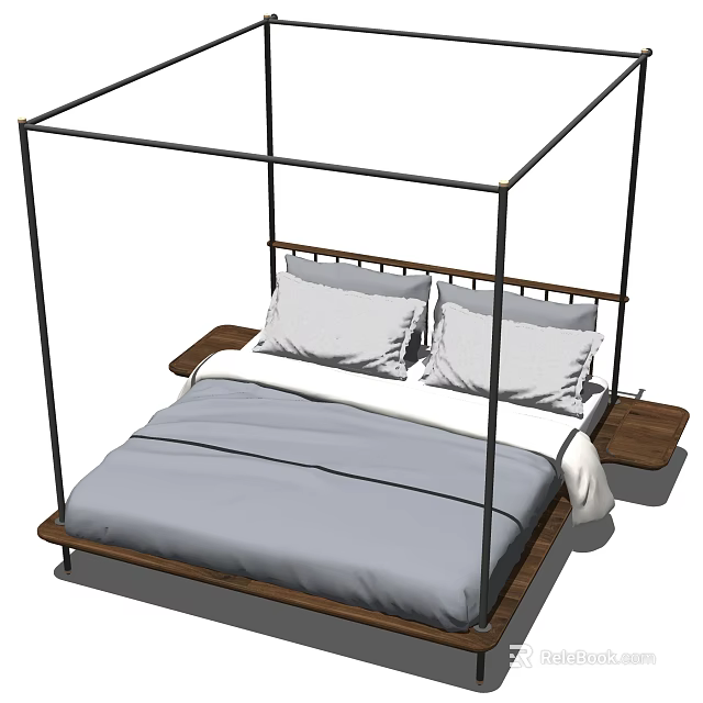 Modern Double Bed Four Poster With Metal Frame Wooden Base Gray Mattress And Pillows 3d model 