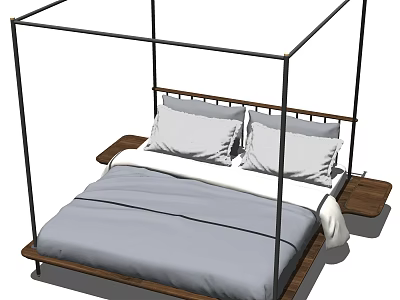 Modern Double Bed Four Poster With Metal Frame Wooden Base Gray Mattress And Pillows 3d model