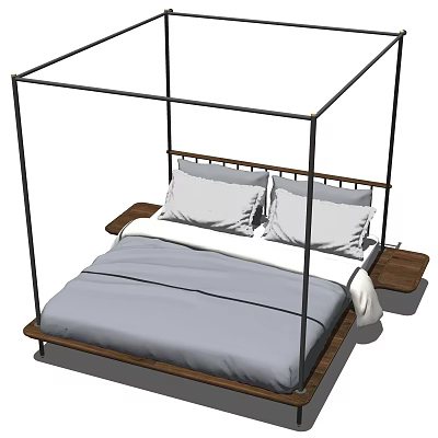Modern Double Bed Four Poster With Metal Frame Wooden Base Gray Mattress And Pillows 3d model