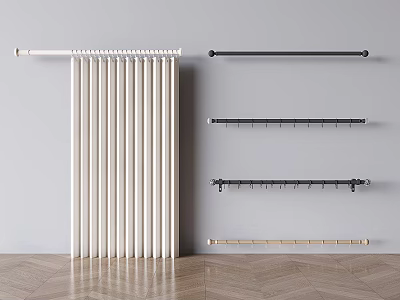 Stylish Modern Curtain With White Black Gold Rods And Hooks For Gray Wall Wooden Floor 3d model