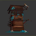 Traditional Wooden Layered Tower With Red Tiled Roof Snow Accents Red Tree Blue Snowy Base