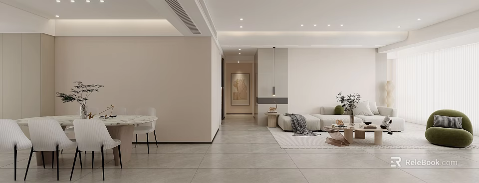 Modern Living And Dining Room Interior Design With Sofa Dining Table And Pendant Lights 3d model 